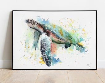 Tortuga marina- Pintura de tortugas marinas - Impresión de acuarela - Decoración de la sala de la guardería - Ilustración animal - Decoración de la sala de tortugas marinas - Impresión de arte de vida silvestre