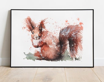 Ardilla - Impresión de mi pintura original de acuarela de una ardilla roja, arte, animal, ilustración, decoración del hogar, guardería, regalo, vida silvestre