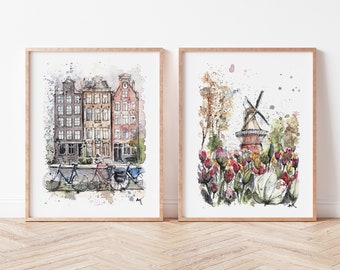 Set von 2 Kunstdrucken von Keukenhof und Amsterdam Art, Dutch souvenir, Niederlande Aquarell Wandkunst Reise Poster Amsterdam Tulpen Dekor