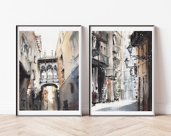 Set of 2 art prints of Barcelona Gothic Quartier, Spanish wall art decor Barcelona Travel Wall Art Souvenir Watercolor Barcelona Poster Art