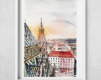 Vienna - Art print of my original watercolor painting of Stephan Platz, Vienna, Austria