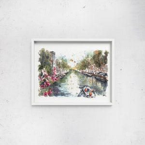 May include: Watercolor painting of a canal in a city with buildings on either side. The canal is filled with water and there are boats in the water. There are trees and flowers on the banks of the canal.