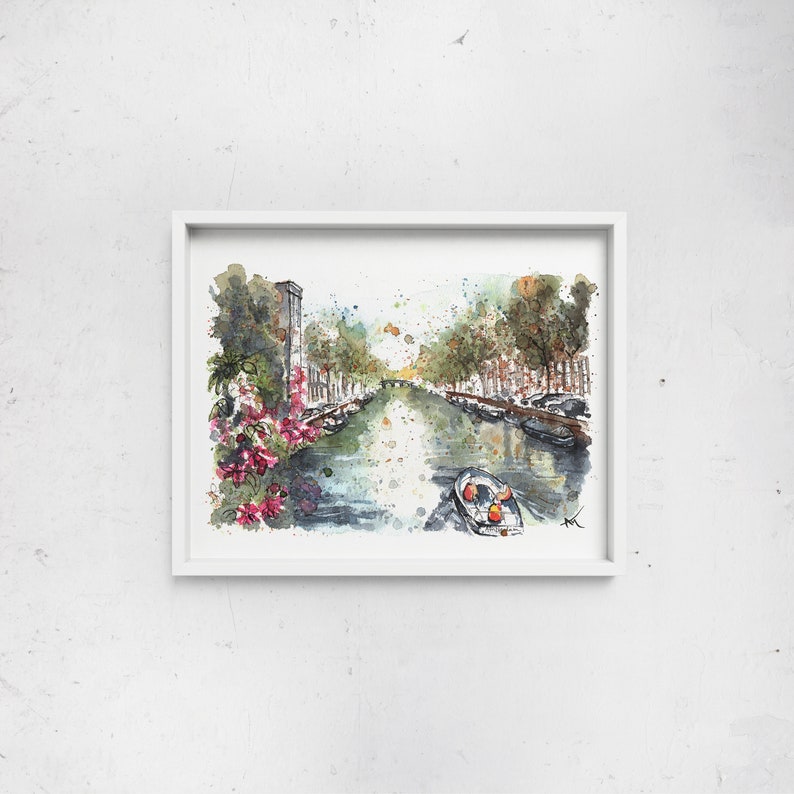 May include: Watercolor painting of a canal in a city with buildings on either side. The canal is filled with water and there are boats in the water. There are trees and flowers on the banks of the canal.