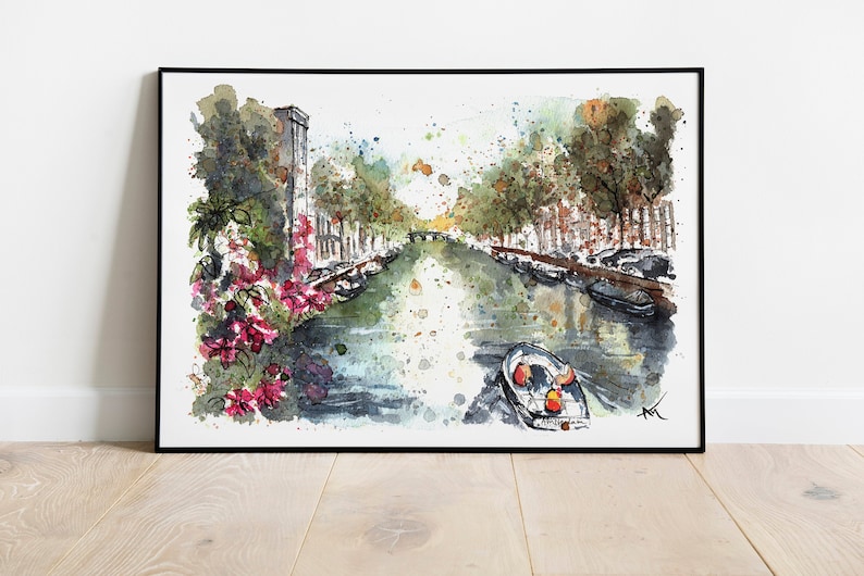 May include: Watercolor painting of a canal in a city with buildings on either side. The canal is filled with water and there are boats in the water. There are trees on either side of the canal and flowers in the foreground.