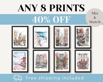 Travel Poster Bundle Print Any 8 prints Money Saving Offer Travel Print Wall Art Gallery Gift City Travel Art Gift Birthday Anniversary