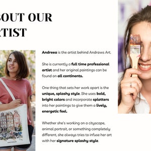 May include: A woman holding a white tote bag with a colorful illustration of buildings and bicycles, with the word "AMSTERDAM" at the bottom. The text "ABOUT OUR ARTIST" is at the top.