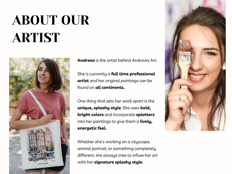 May include: A woman holding a white tote bag with a colorful illustration of buildings and bicycles, with the word "AMSTERDAM" at the bottom. The text "ABOUT OUR ARTIST" is at the top.