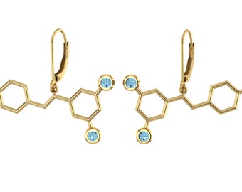 Molecule wine (resveratrol) solid gold earrings set with genuine birthstones - Molecular Bliss