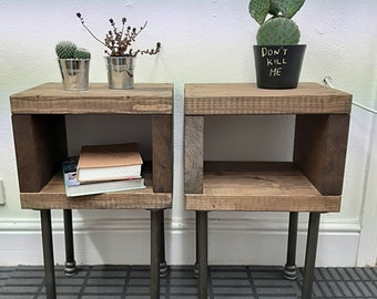 PAIR of Rustic Handmade bedside tables | nightstand |small tables with industrial pipe legs