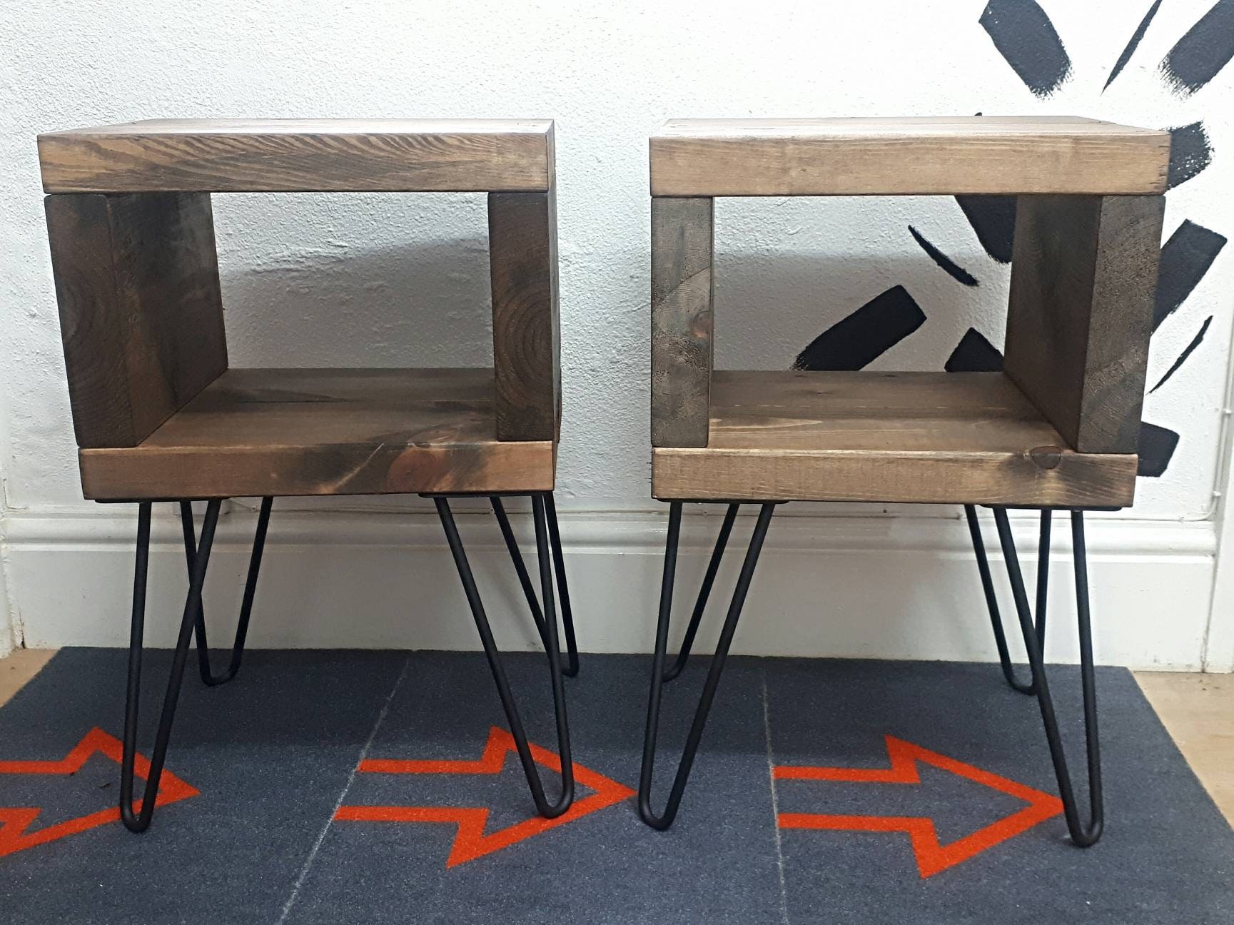 A PAIR of Rustic bedside tablesindustrial nightstand with black hairpin legs A PAIR of Rustic bedside tablesindustrial nightstand with black hairpin legs