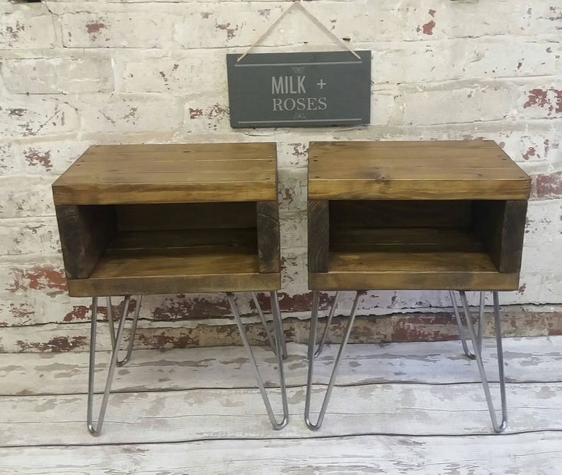 A Pair Of Rustic Handmade Bedside Tables Side Industrial Night Stands Small With Retro Hairpin Legs