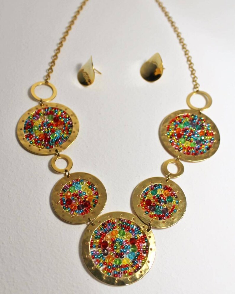 colombian jewelry circle pendant necklace and earrings black and multicolor Circle necklace and earrings for women circle necklace