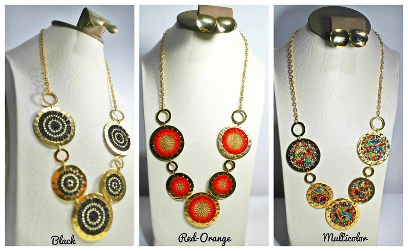 colombian jewelry circle pendant necklace and earrings black and multicolor Circle necklace and earrings for women circle necklace