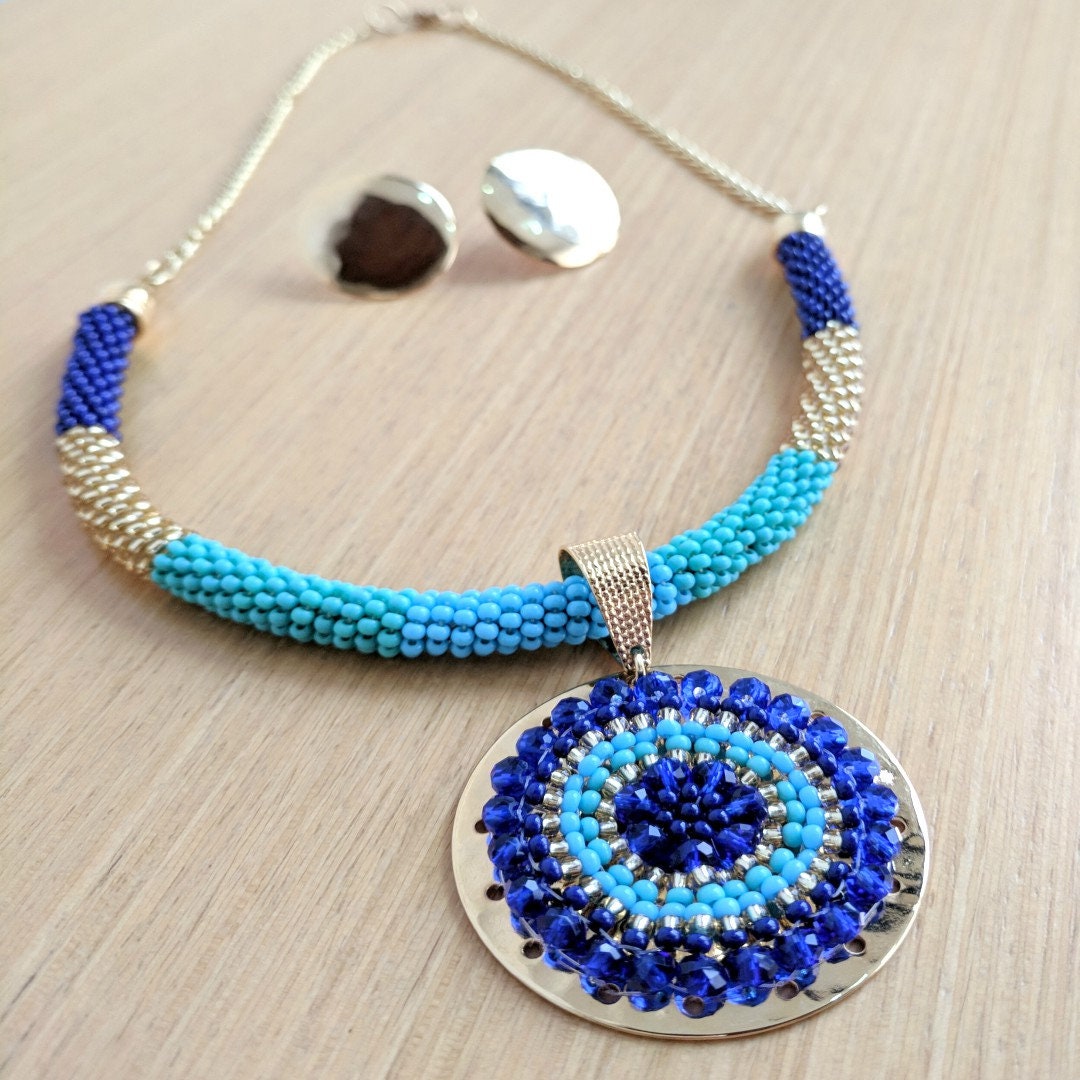 Beaded rope necklace with big statement pendant bracelet and Etsy