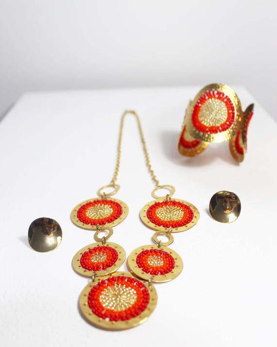 colombian jewelry circle pendant necklace and earrings black and multicolor Circle necklace and earrings for women circle necklace
