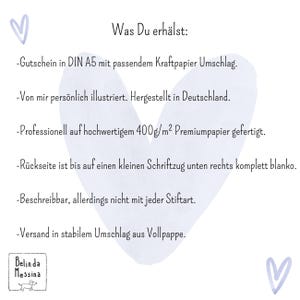 May include: A white card with a light purple heart background featuring the text: Was Du erh&auml;ltst: Gutschein in DIN A5 mit passendem Kraftpapier Umschlag. Von mir pers&ouml;nlich illustriert. Hergestellt in Deutschland. Professionell auf hochwertigem 400g/m2 Premiumpapier gefertigt. R&uuml;ckseite ist bis auf einen kleinen Schriftzug unten rechts komplett blanko. Beschreibbar, allerdings nicht mit jeder Stiftart. Versand in stabilem Umschlag aus Vollpappe. Belinda Messina.