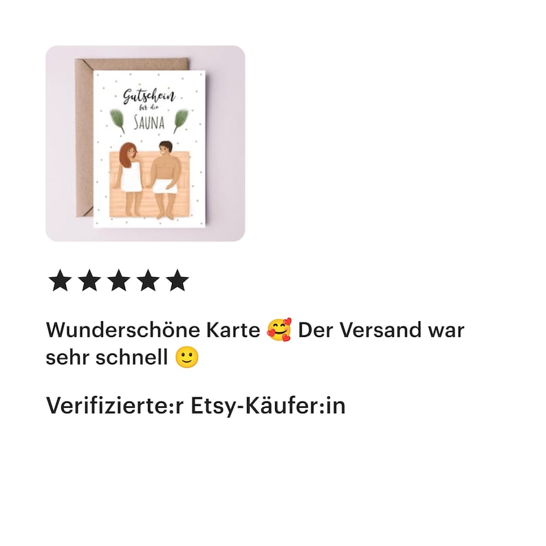 May include: A white greeting card with a brown envelope featuring an illustration of two people wrapped in white towels sitting on a wooden bench. The text reads Gutschein f&uuml;r die SAUNA, accompanied by two green leaf icons and small grey dots.