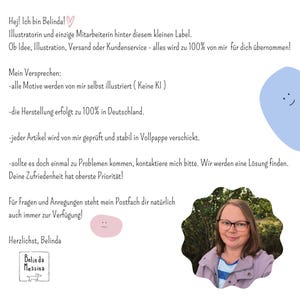 May include: A white informational card featuring German text from an illustrator named Belinda. The card includes a small pink circle with a face, a blue blob with a face, and a circular photo of a person with glasses wearing a lavender jacket.