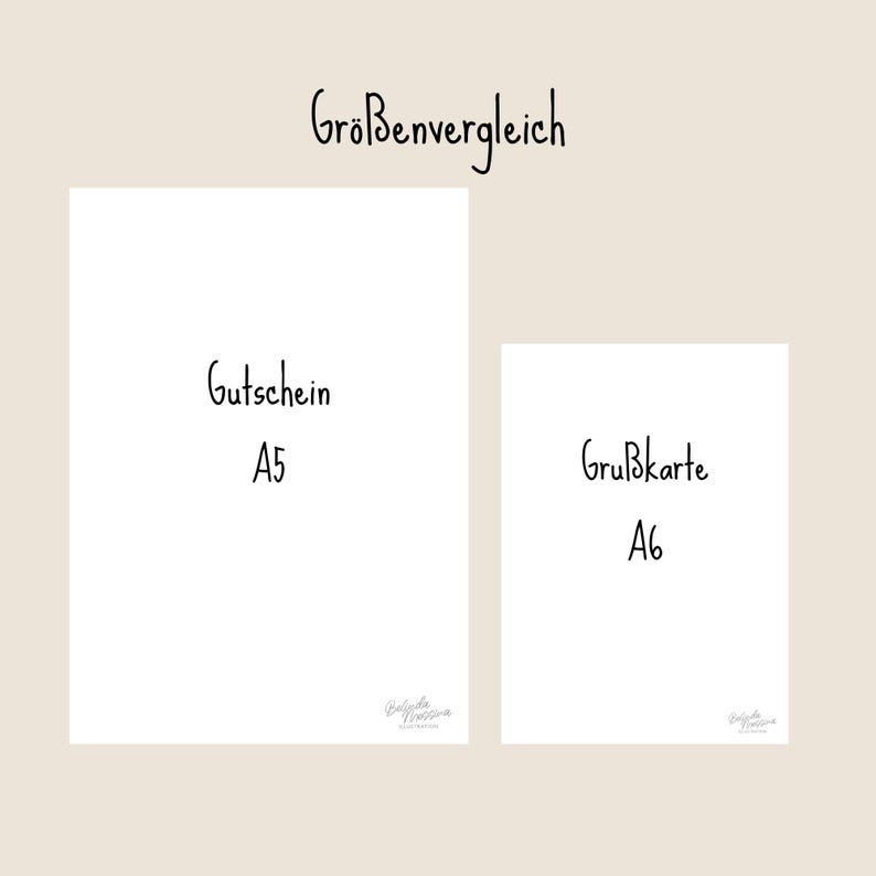 May include: Two white rectangular cards displayed side-by-side. The larger card on the left is labelled Gutschein A5, and the smaller card on the right is labelled Gru&szlig;karte A6. The text Gr&ouml;&szlig;envergleich is centred at the top of the image.