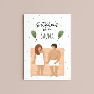 May include: A rectangular greeting card featuring a white background with small green dots and two green pine sprigs. The text reads Gutschein f&uuml;r die Sauna. Below, two figures wrapped in white towels sit on a light brown wooden sauna bench.