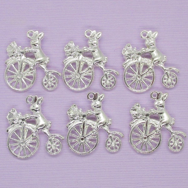 5 Bunny Charms, Easter Charms, Rabbit Charms, Spring Charms, Bicycle Charms, Bunny Pendant, Silver Bunny Charms, Rabbit Pendant