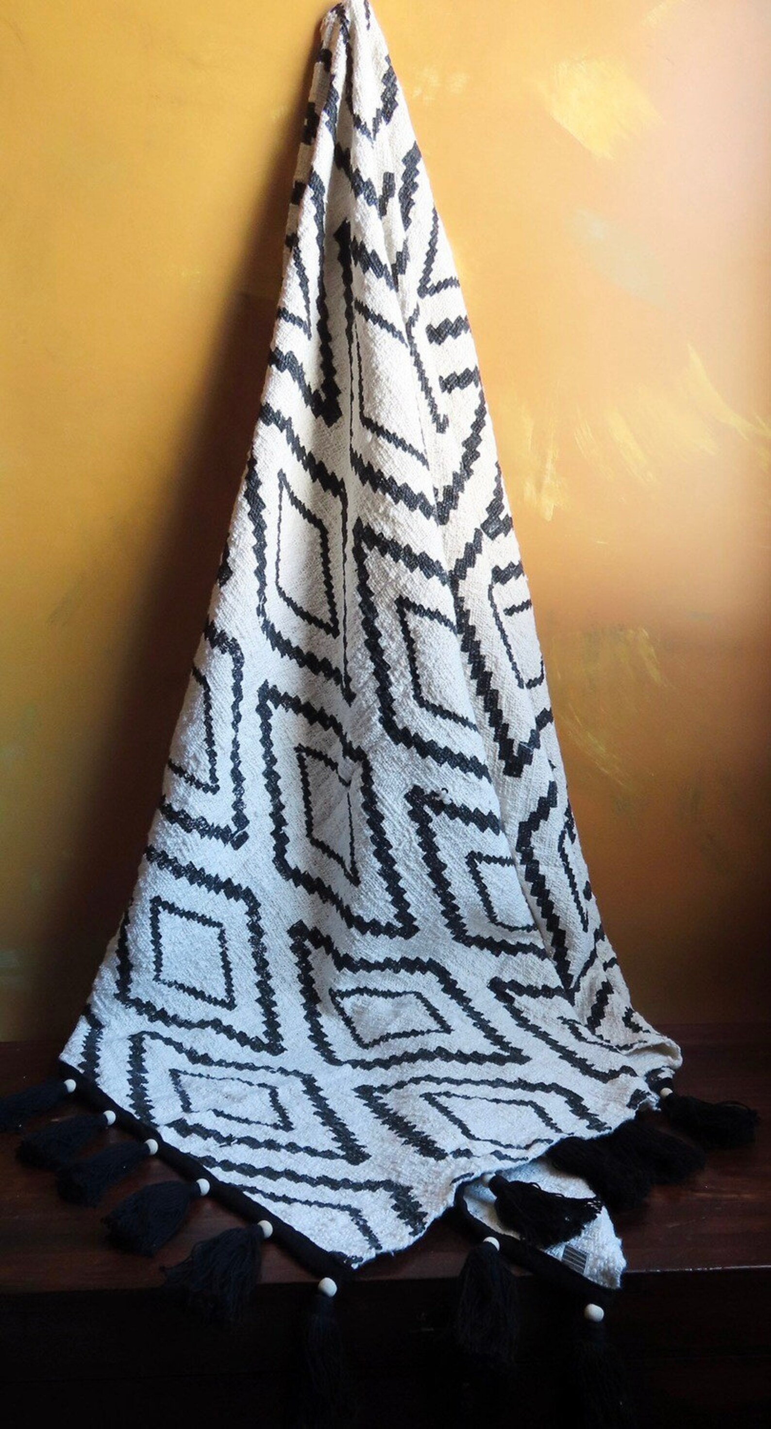 Cream & Black Throw Blanket With Beads and Fringes Etsy