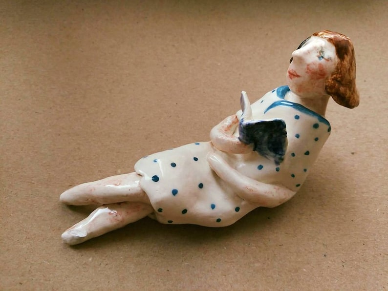 Small ceramic sculpture 13cm length Vintage style Sweet lady reading a book in the summer