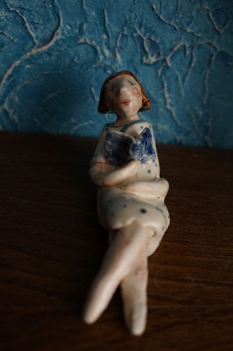 Small ceramic sculpture 13cm length Vintage style Sweet lady reading a book in the summer