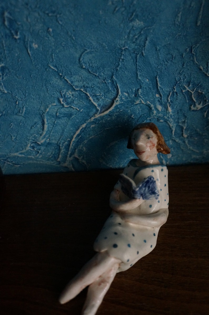 Small ceramic sculpture 13cm length Vintage style Sweet lady reading a book in the summer