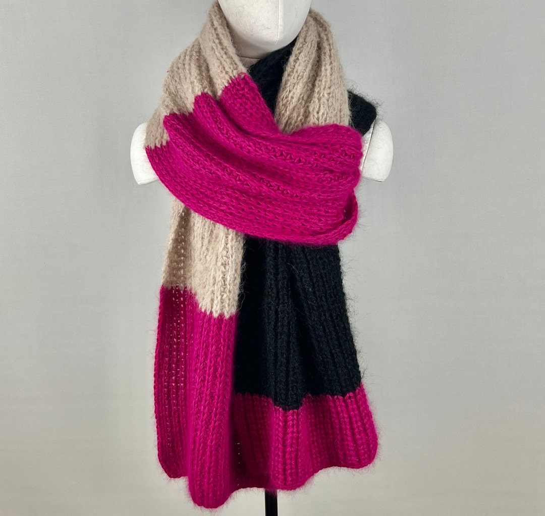 Large Multi-colored Color Block Beautiful Scarf Made of Mohair Angora ...