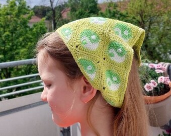 Crocheted Yin Yang Bandana Granny Square Motifs in Soft Green