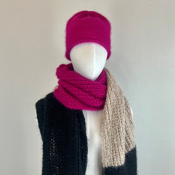 Chapeau de couleur fuchsia pour femme, bonnet angora français tricoté, hiver