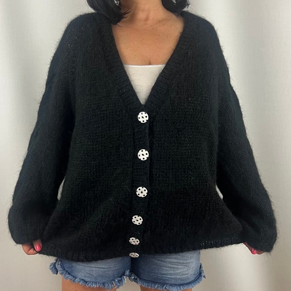 Black mohair fluffy cardigan sweater fastens with buttons oversized