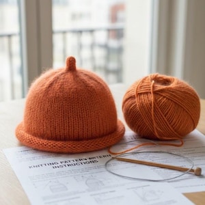 Könnte beinhalten: Eine orangefarbene Strickmütze mit kleinem Rand und ein Knäuel orangefarbener Wolle liegen zusammen mit Strickanleitungen auf einem Tisch. Der Text "PDF KNITTING PATTERN INSTANT DOWNLOAD" steht oben im Bild.