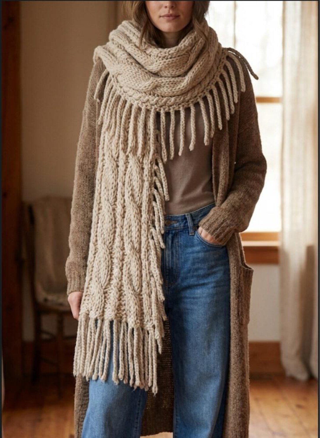 Oversized Chunky Knit Scarf, 100% Merino Wool Long Scarf With Fringe ...