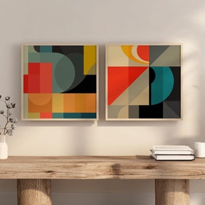Set mit 2 coolen bunten geometrischen abstrakten quadratischen Kunstdrucken