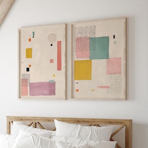 Set of 2 Cute Pastel Paintings – Modern DIGITAL Abstract Wall Art in Soft Pastels