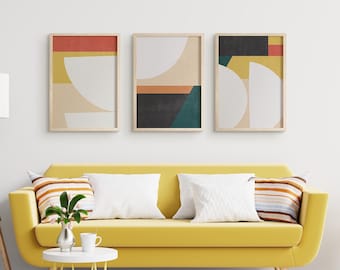 Conjunto de 3 impressões digitais coloridas em estilo moderno de meados do século XX.