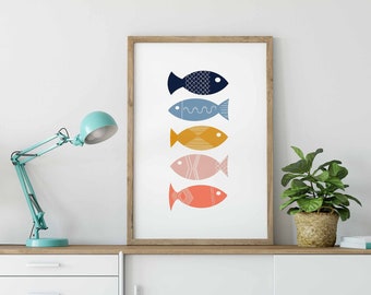 Colorful Bathroom Wall Decor Scandinavian Folk Art Mid Century Modern Art Kids Bathroom Print Fish Wall Art Colorful Wall Art Large Abstract