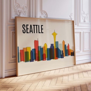 SEATTLE Skyline Print - Bunte Mid Century City Digitale Wandkunst