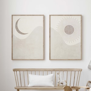 Set of 2 Neutral Sun and Moon Digital Art Prints