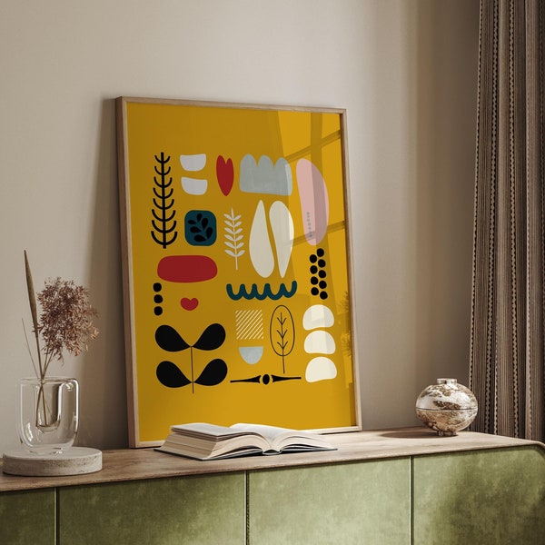 Yellow Scandi Folk Abstract Art Print