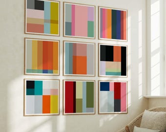 Conjunto de láminas decorativas coloridas para pared - Juego de 9 láminas digitales cuadradas abstractas modernas
