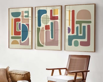 Colorful Abstract Wall Art Set of 3: Modern Shapes Minimalist Prints - Etsy