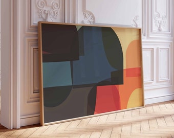 Puede incluir: Impresión de arte geométrico abstracto con círculos y rectángulos superpuestos en tonos de azul, rojo, amarillo y marrón. La impresión está enmarcada en un marco de madera claro.