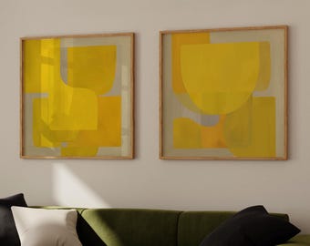 Set of 2 Yellow Abstract Prints – Mid Century Modern DIGITAL Grunge Artwork