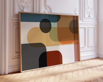 May include: Abstract geometric art print in a wooden frame. The print features overlapping shapes in shades of blue, green, yellow, orange, and red.