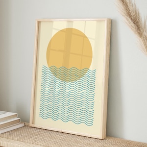 Lámina minimalista de sol y olas - Arte mural digital moderno de estilo costero