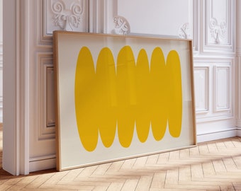 May include: A framed abstract print with a minimalist design featuring five yellow ovals on a white background.