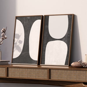 Set of 2 Black and White Abstract Prints - Minimal Mid Century Digital Wall Art
